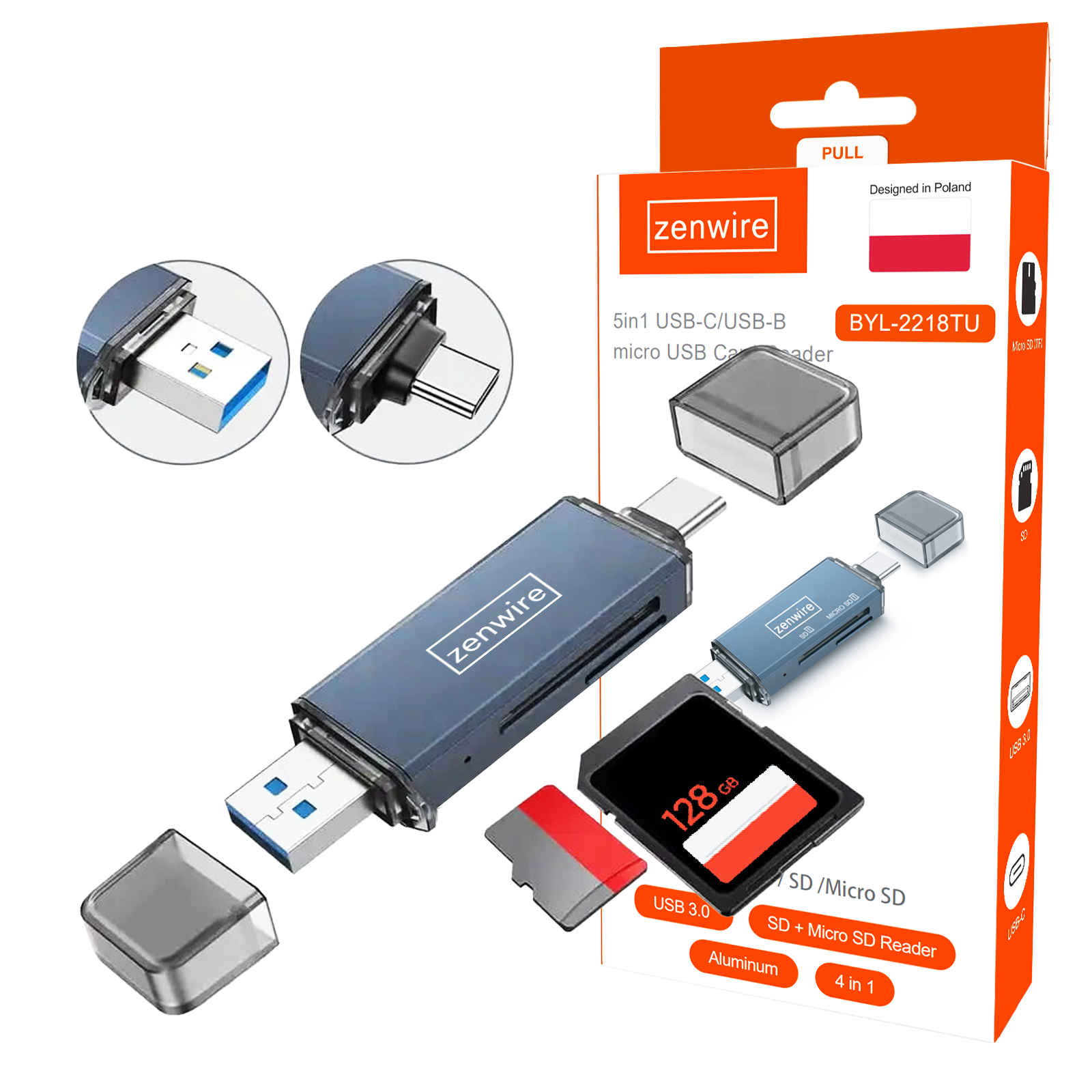 Czytnik Kart Pamięci SD USB 3.0 USB-C Adapter 4w1 SD + MICRO SD TF 5 Gb/s do 2TB Zenwire BYL-2218TU