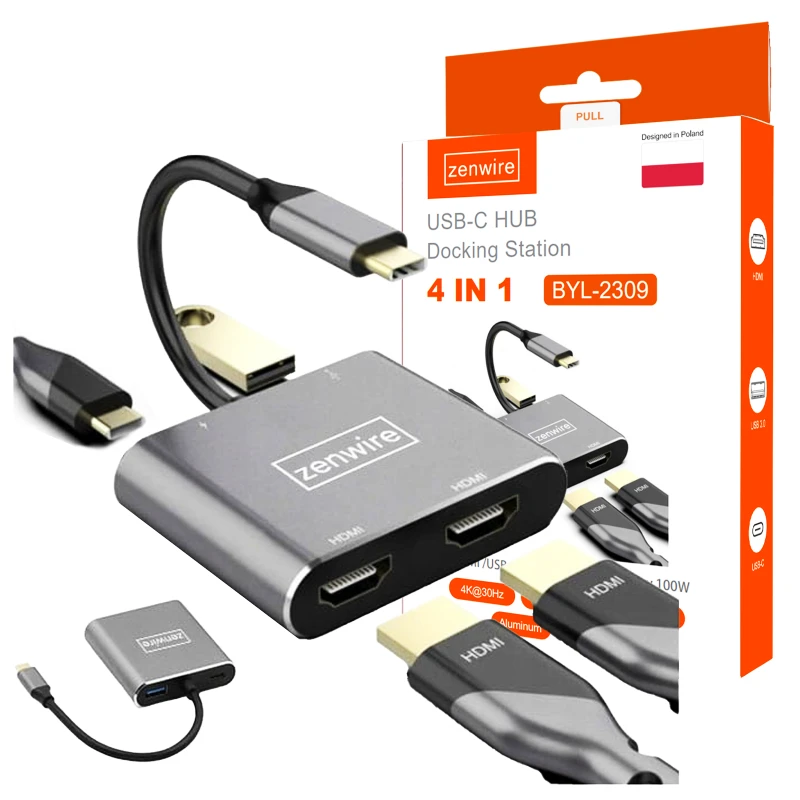 USB-C 4W1 adapterio šakotuvas 2x HDMI 4K USB Zenwire Projektory