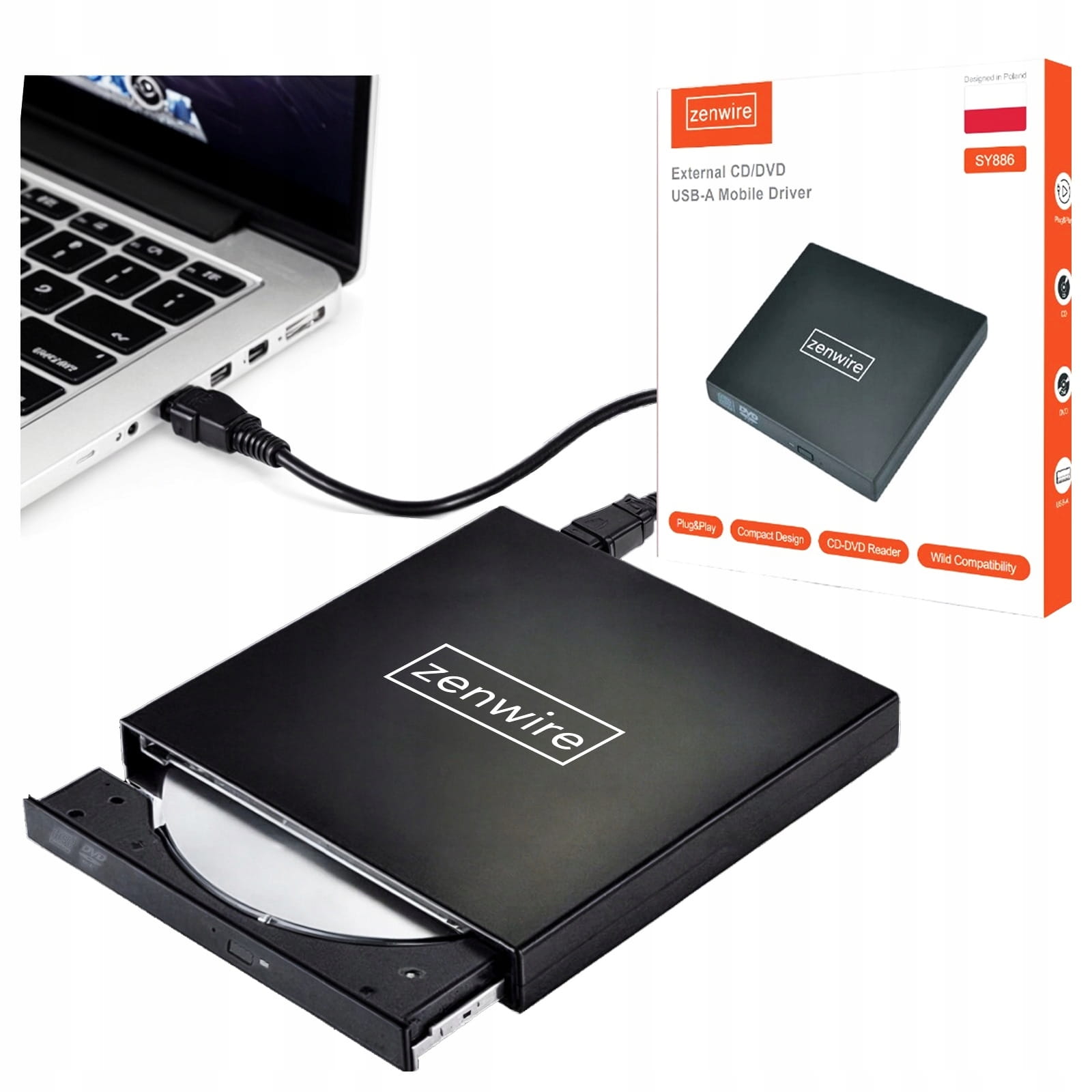 PRZENOŚNY NAPĘD ZEWNĘTRZNY CD-R/DVD-RW/ROM NAGRYWARKA ODTWARZACZ PŁYT CD Zenwire SY886
