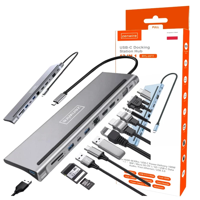 STACJA DOKUJĄCA HUB ADAPTER USB-C 12w1 Stacja Dokująca 2x HDMI 4K ETHERNET RJ45 USB 3.0 SD M1 M2 M3 Zenwire BYL-2211