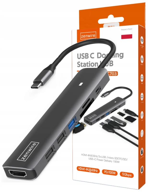 HUB ADAPTER USB-C 7w1 HDMI 4K USB 3.0 SD PD kompatybilny z Macbook  M1 M2 M3 LED Zenwire BS-HC703