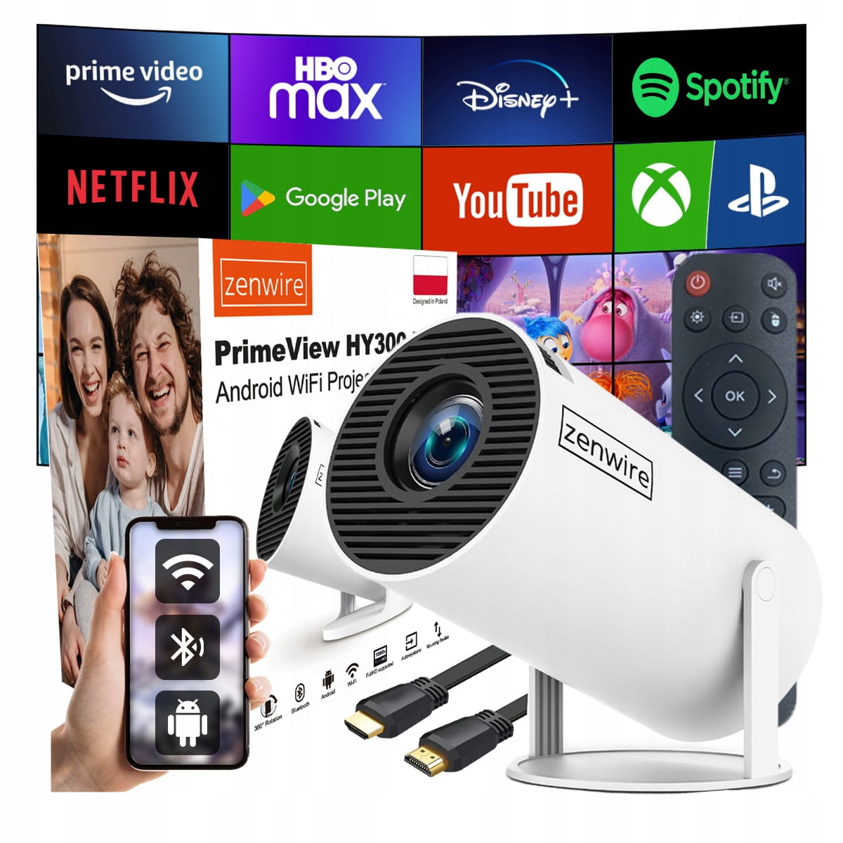 Przenośny Mini Projektor Android TV Wifi 6 Rzutnik 360 Full HD 4K Bluetooth Zenwire HY300 Pro 360