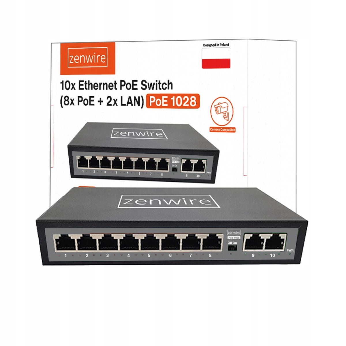 Switch Splitter 10 Porturi 8 POE 2 LAN Ethernet RJ45 pentru Camere