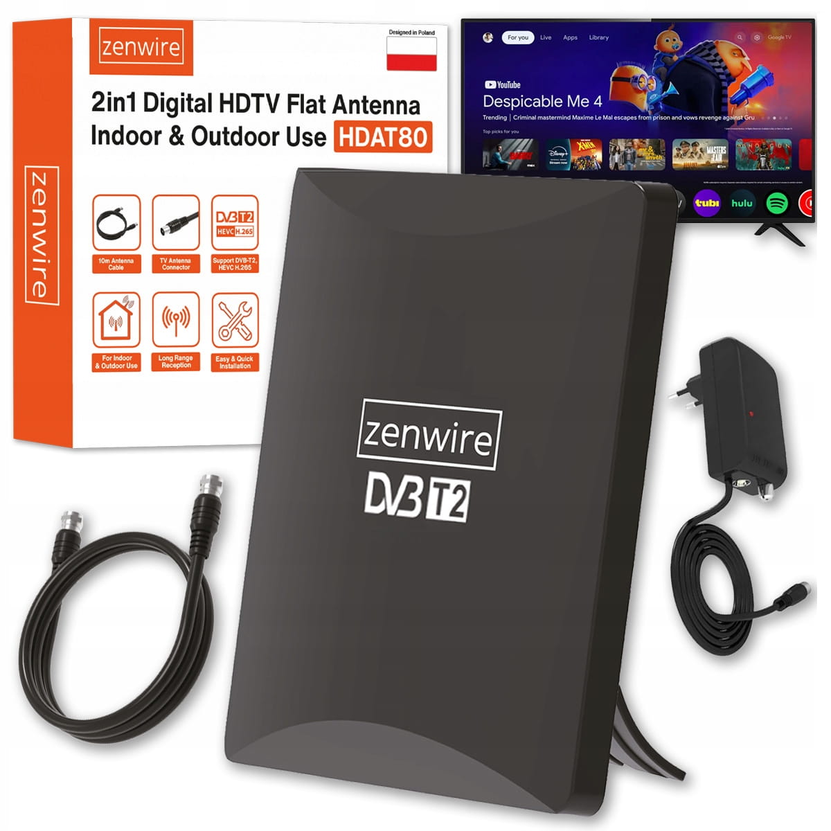 Antenă TV terestră DVB-T2 HEVC 2-în-1 de exterior/interior 4K