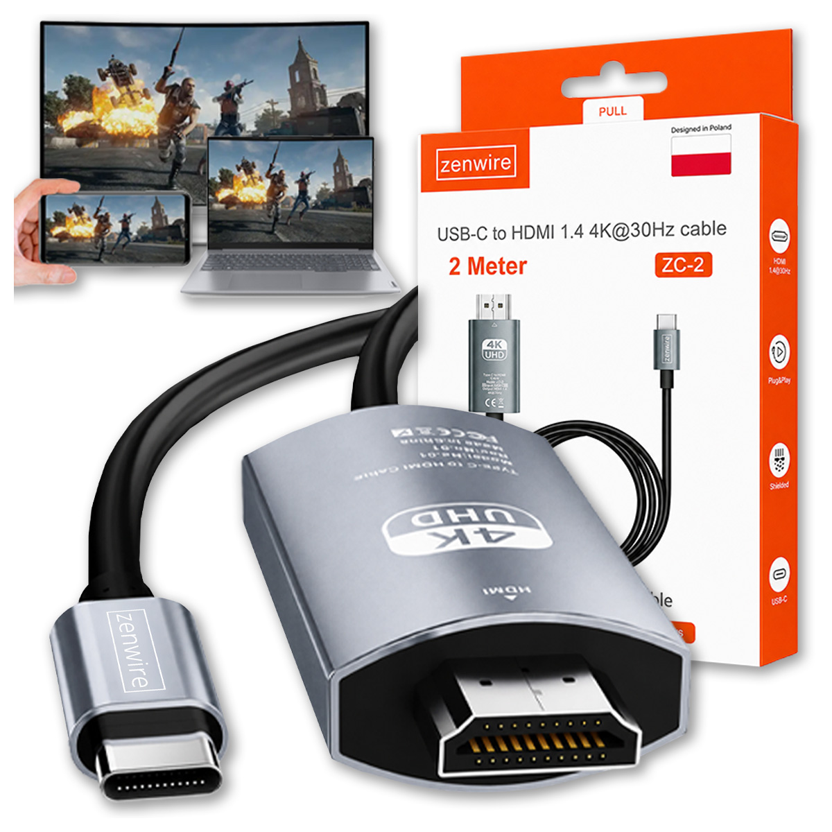 ADAPTERKÁBEL USB-C 3.1 C-TÍPUS-HDMI 4K MHL-hez 200cm